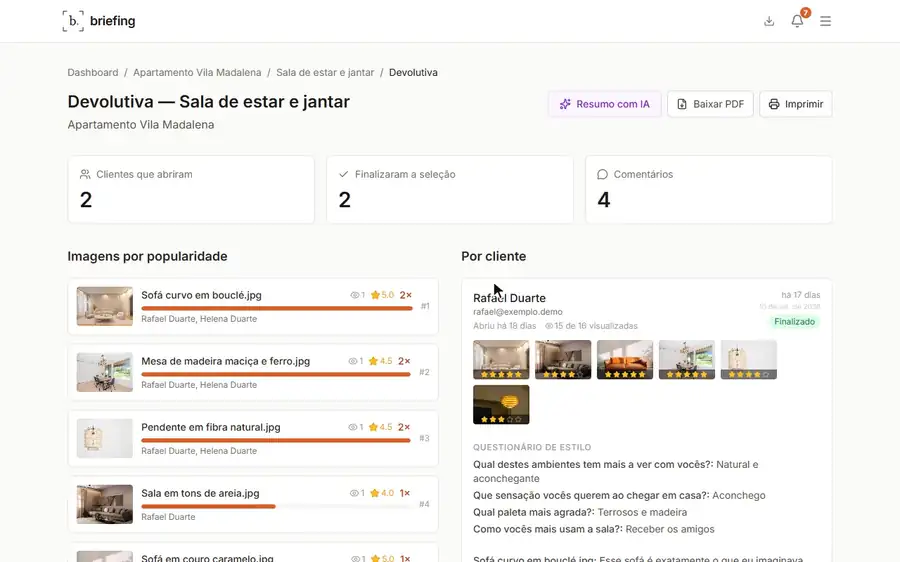 O arquiteto clica em Resumo com IA e aparece um resumo da devolutiva em quatro parágrafos, terminando com uma recomendação
