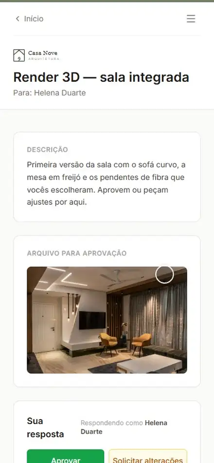A cliente abre o render da sala integrada no celular, toca em Aprovar e aparece Prancha aprovada