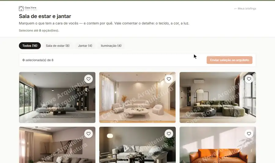 Uma cliente marcando referências de sala: escolhe um sofá, dá cinco estrelas, comenta, filtra por jantar e iluminação e envia a seleção ao arquiteto