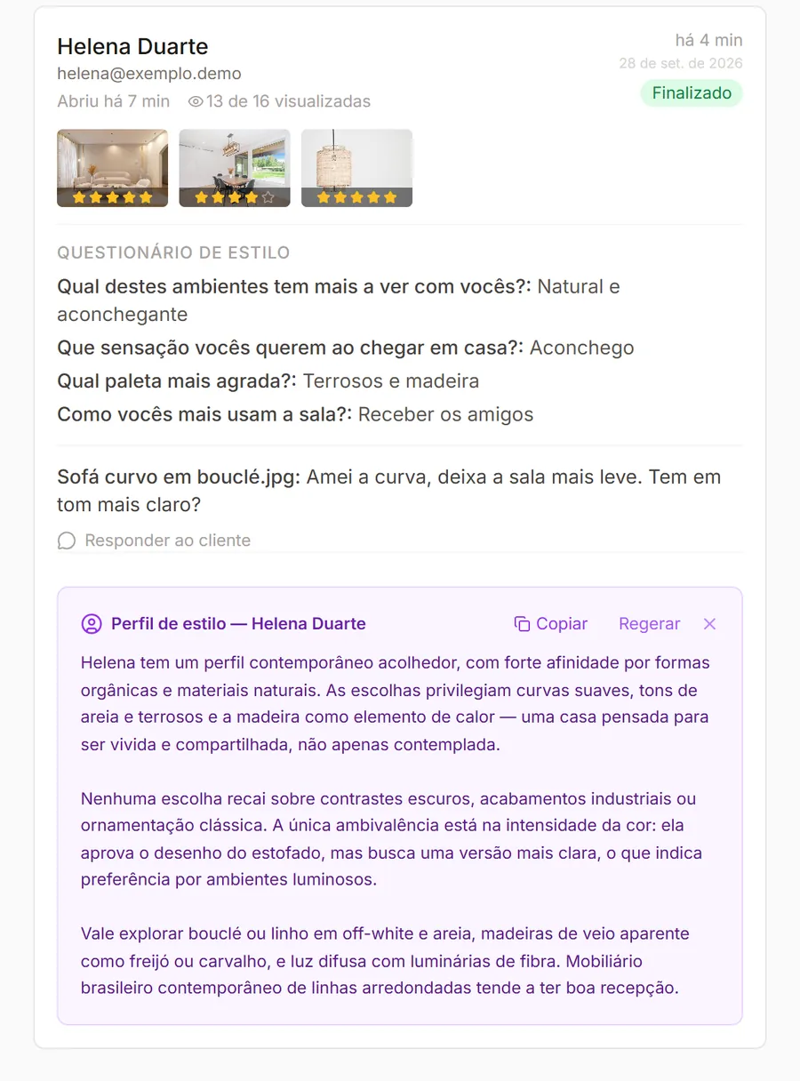 O perfil de estilo gerado por IA para a cliente Helena: contemporâneo acolhedor, com materiais e referências recomendados